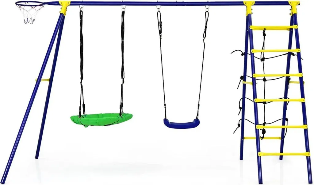 Portique de jeux extérieur avec balançoire double et filet d'escalade