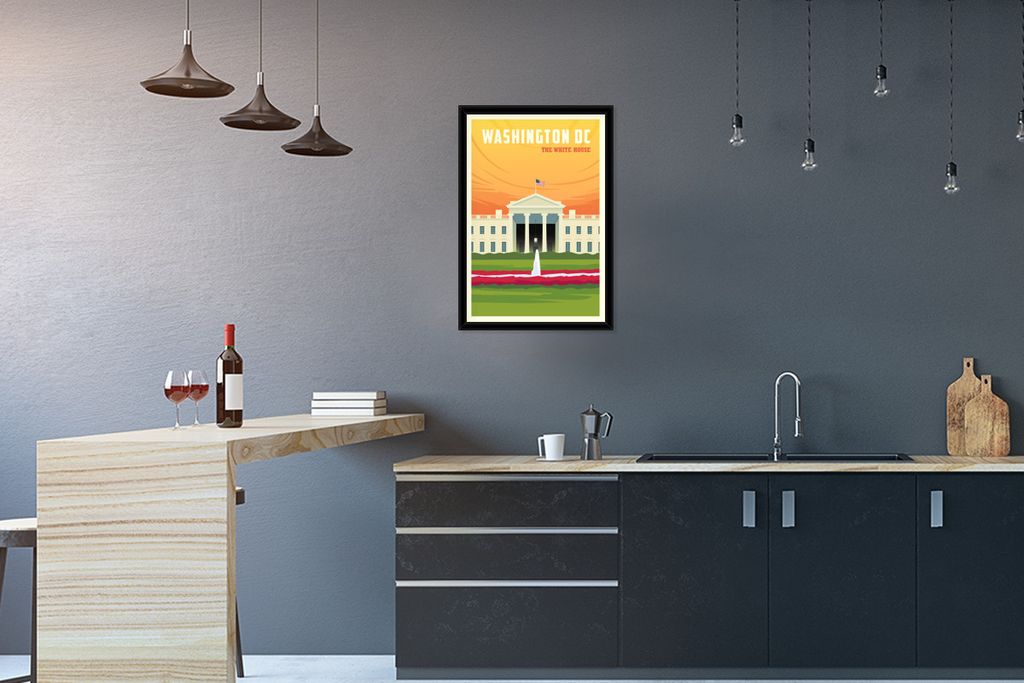 MuchoWow MuchoWow Gerahmtes Poster Illustration des Weißen Hauses in Washington DC 40x60 cm - Poster mit zchwarzem Bilderrahmen - Papierdruck ...