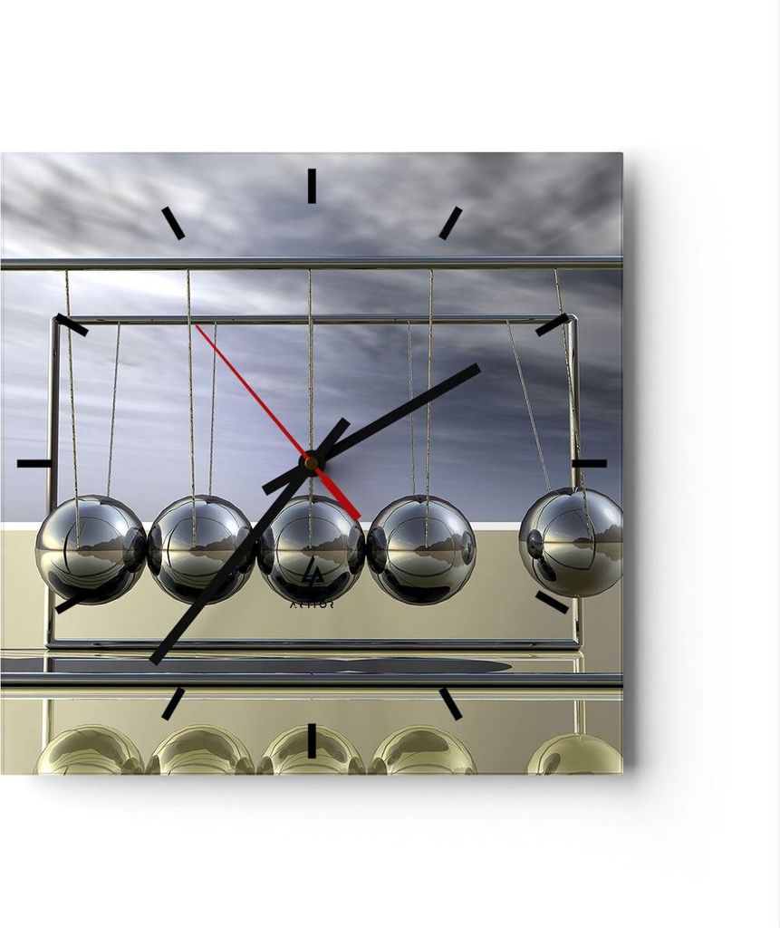 Wanduhr - Quadrat - Glasuhr - Chrom Kugeln Wissenschaft - 30x30cm - Schleichendes Uhrwerk - Lautlos - zum Aufhängen bereit - Dekoration Modern - W...