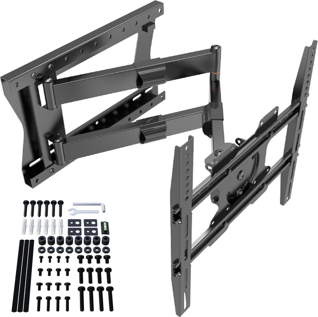 A black metal TV wall mount and its hardware are displayed against a white background.