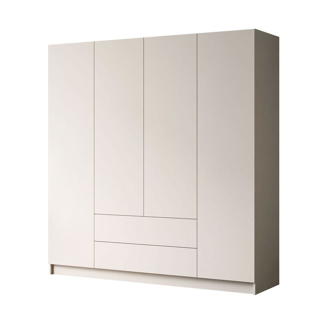 A beige wardrobe with four doors and two drawers, shown against a white background.