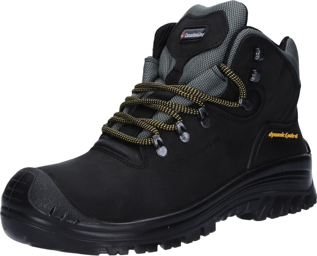 A black work boot with yellow laces and gray accents.