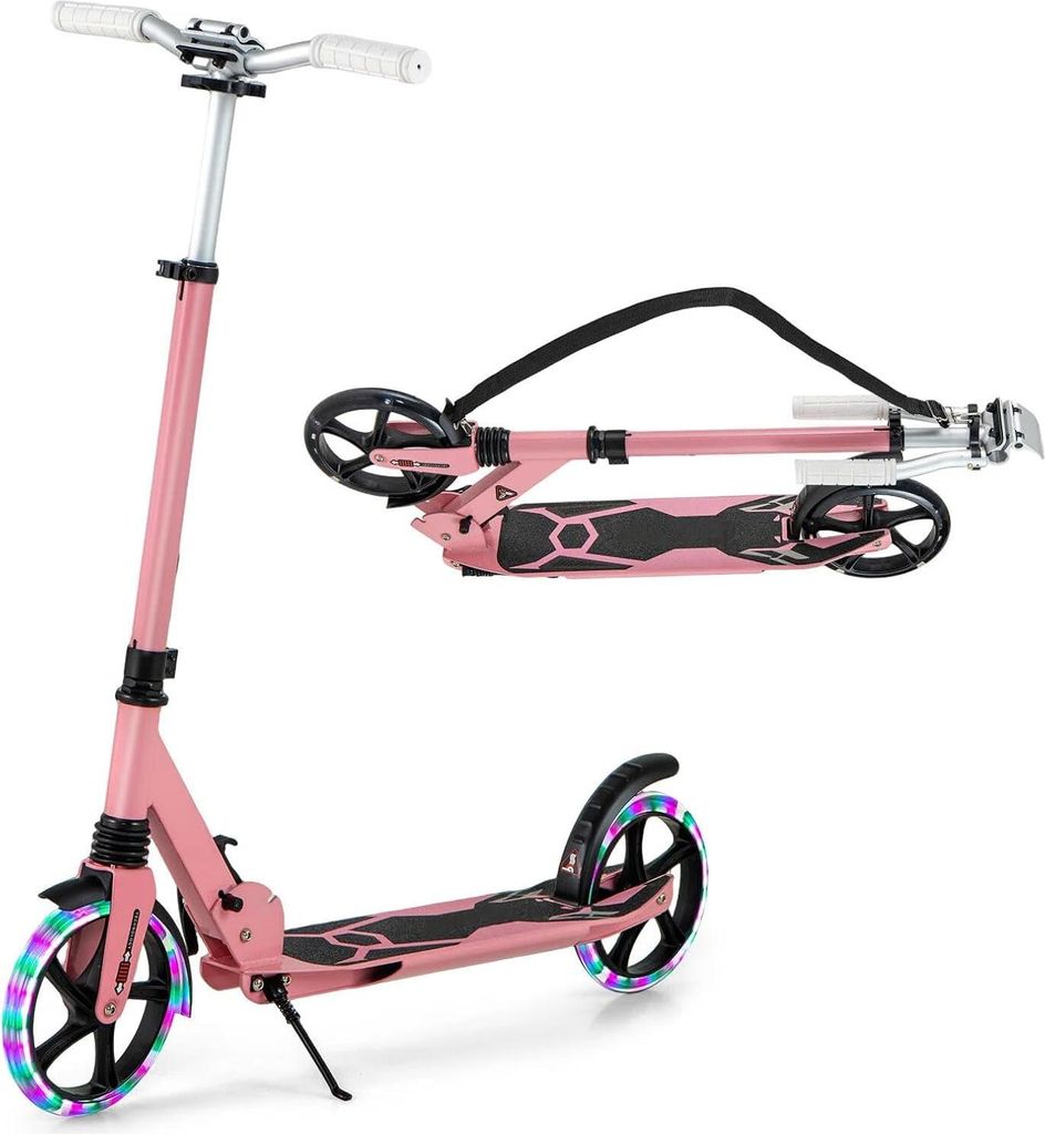 KOMFOTTEU Kinderroller mit 2 Rollen, LED und Bremse, faltbares Skateboard, 3 verstellbare Höhen, Scooter aus Aluminium mit Ständer & Gurt, Belast...