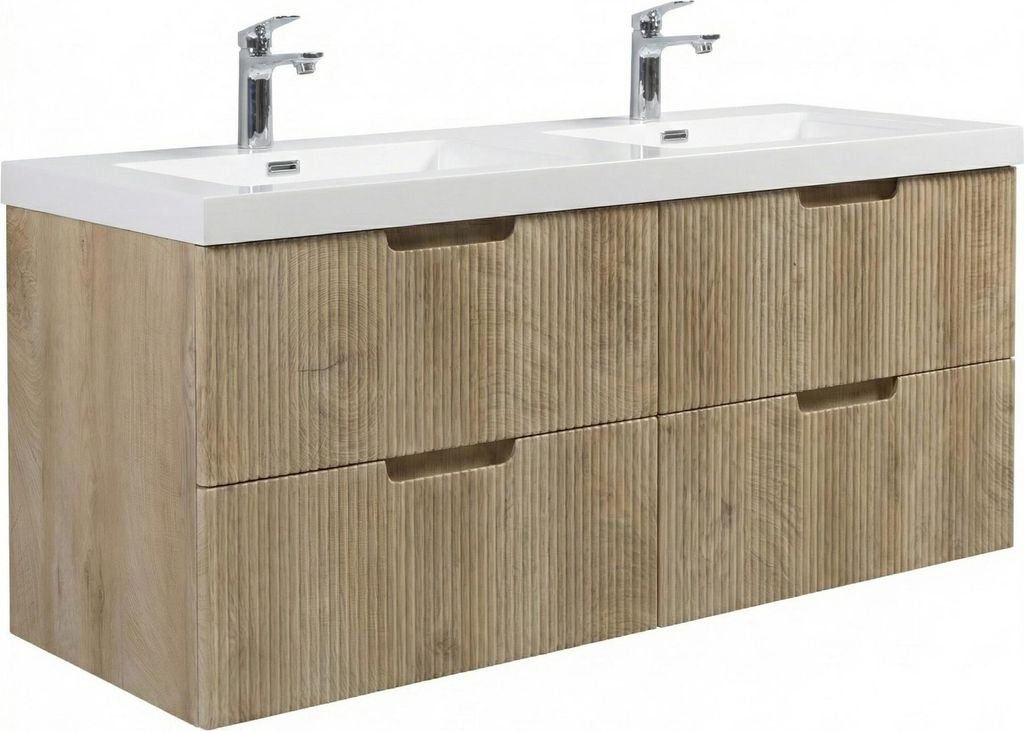 Badplaats Badmöbel Set mit Waschbecken und Unterschrank Thermis 140 x 48 cm Eiche Hell - Waschbeckenunterschrank mit Soft-Close und Doppelwaschbec...