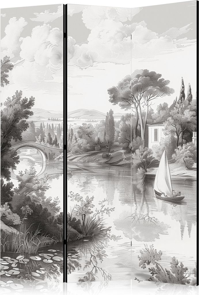 3-teiliger Einseitiger Vlies Paravent - Black and White Vintage Landscape - Retro View of a Pond with a Boat 135x172 cm Landschaften c-H-10047-z-a