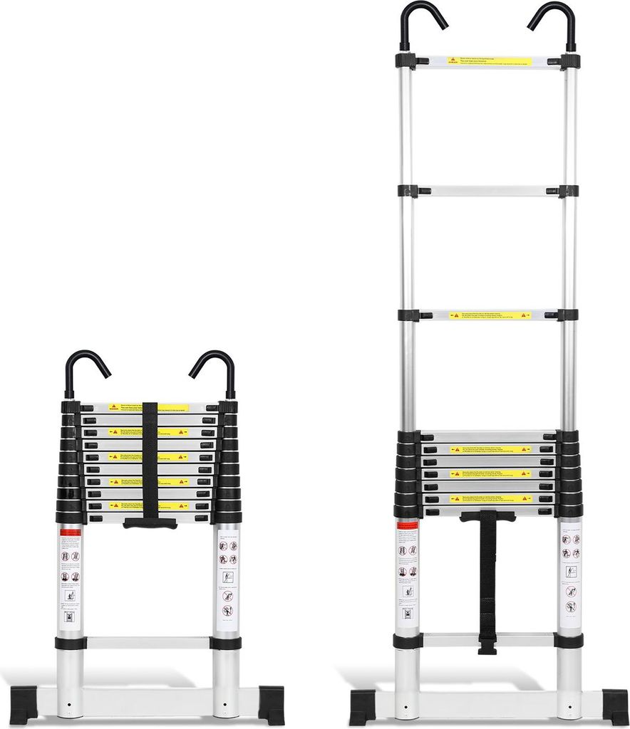 Faziango Profi Teleskopleiter 3,2M Silber Aluminium 150kg Tragkraft Mehrzweckleiter rutschfeste Gummifüße mit Stabilisator und Abnehmbaren Haken