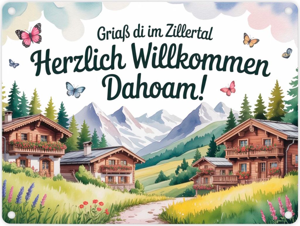 Griaß di im Zillertal Metallschild in 15x20 cm Tiroler Chalets