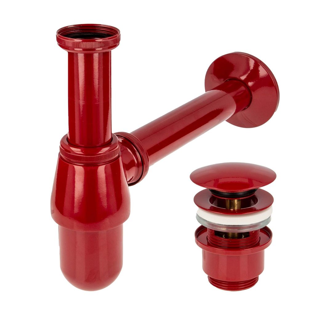 tecuro Siphon mit Pop Up Ablaufventil rot (RAL 3003) - Universal Set für Waschtisch / Waschbecken