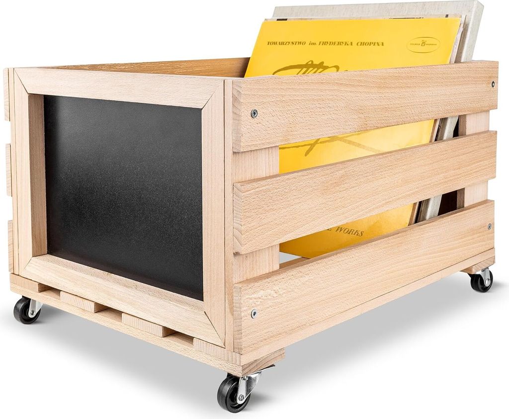 Creative Deco Vinyl Box mit Kreidetafel | Aufbewahrung bis zu 80 Schallplatten Regal Holzbox auf Rädern 46x36x29 cm cm (+/- 1cm) | Schallplattenkiste