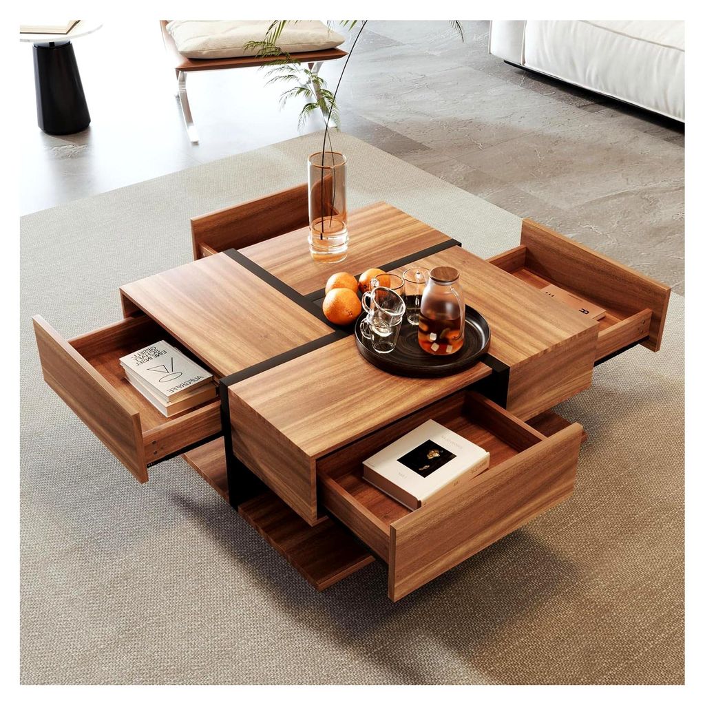 Couchtisch mit 4 Schubladen, einzigartige Farbkombination und Liniendesign, Stauraum unten 80x80cm (Holz + Schwarz)