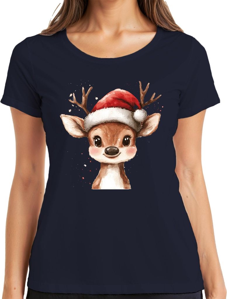 Weihnachtsrentier niedlich Aquarell Santa Hirsch Geschenk Damen T-Shirt, Navy, S