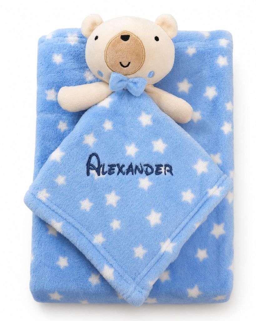 BotoBaby Babydecke mit Namen + Schmusetuch Bärchen – Blau mit Sternen – ca. 75 x 100 cm – Personalisiertes Baby Geschenkset