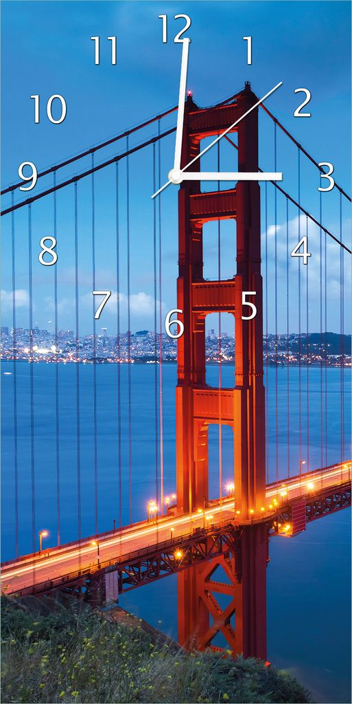 Wallario Design Wanduhr bedruckt, Größe 30 x 60 cm, Motiv: Golden Gate Bridge in San Francisco USA