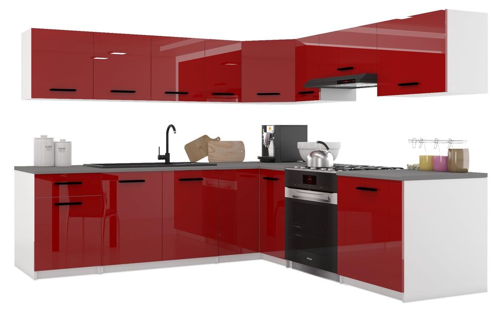 Belini Moderne Küchenzeile Küchenblock ITALIA 7 - Küchenmöbel 420cm Rot - Einbauküche mit Hängeschränke, Unterschränke & Arbeitsplatten