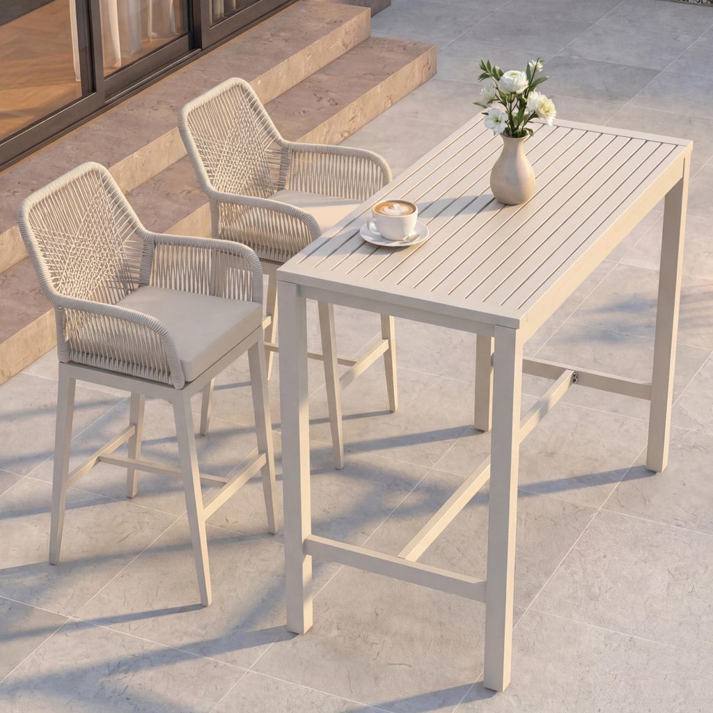 Set Bartisch + 2x Barhocker MCW-P91, Barstuhl Stehtisch, Outdoor Sitzpolster Seilgeflecht Metall creme