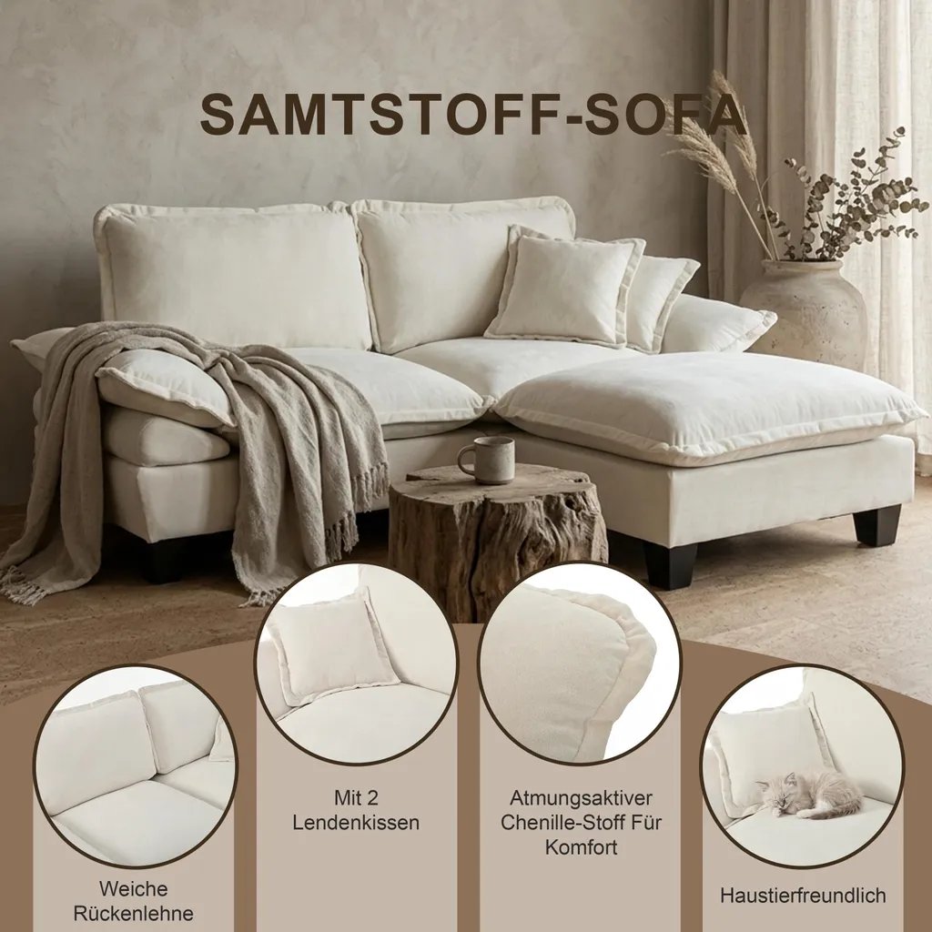 Canapé d'angle salon et appartement, sofa beige modulable gain de place