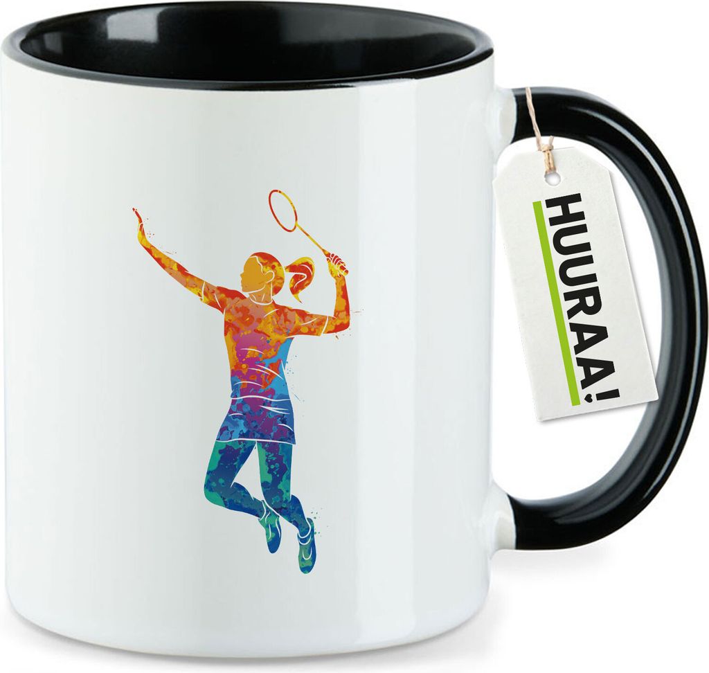 Huuraa Kaffeetasse Badminton bunte Silhouette 330ml Schwarz Keramik Kaffeebecher Geschenkidee