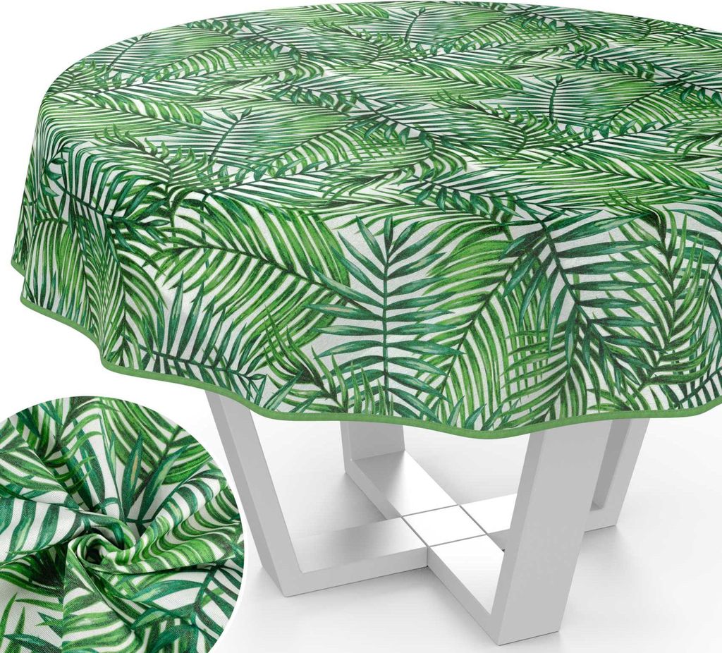Tischdecke Tropik aus Textil mit Blumen Pflanzen wasserabweisend Tischtuch Tischwäsche Aquarell Grün Rund 140cm mit Paspelband