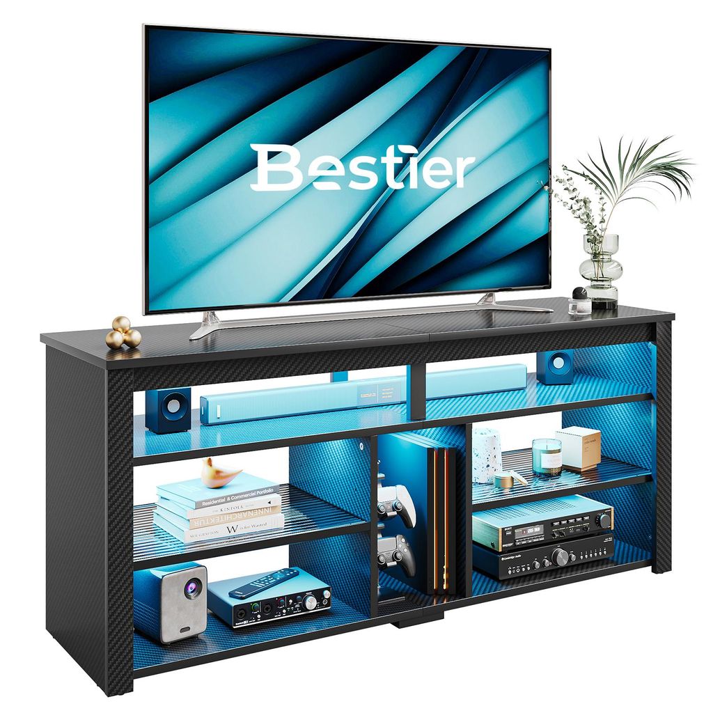 Großraum LED TV Schrank bis 165 cm - Mediakonsole mit verstellbaren Regalen, Stauraum für Spielekonsole & TV (Schwarz)