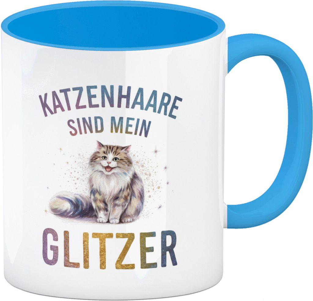 Katzenhaare sind Glitzer Kaffeebecher in hellblau Fröhliche Flauschkatze