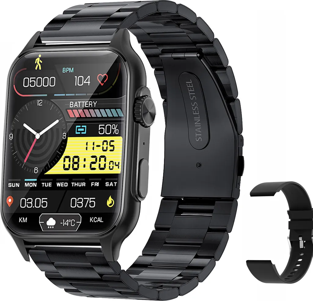 Smartwatch KT64 con schermo touchscreen IPS da 1,96 pollici, BT5.2 | IP67 impermeabile | Ricarica magnetica | Assistente vocale intelligente | Monitoraggio della salute | Chiamate chiare, bracciale in acciaio inossidabile, nero