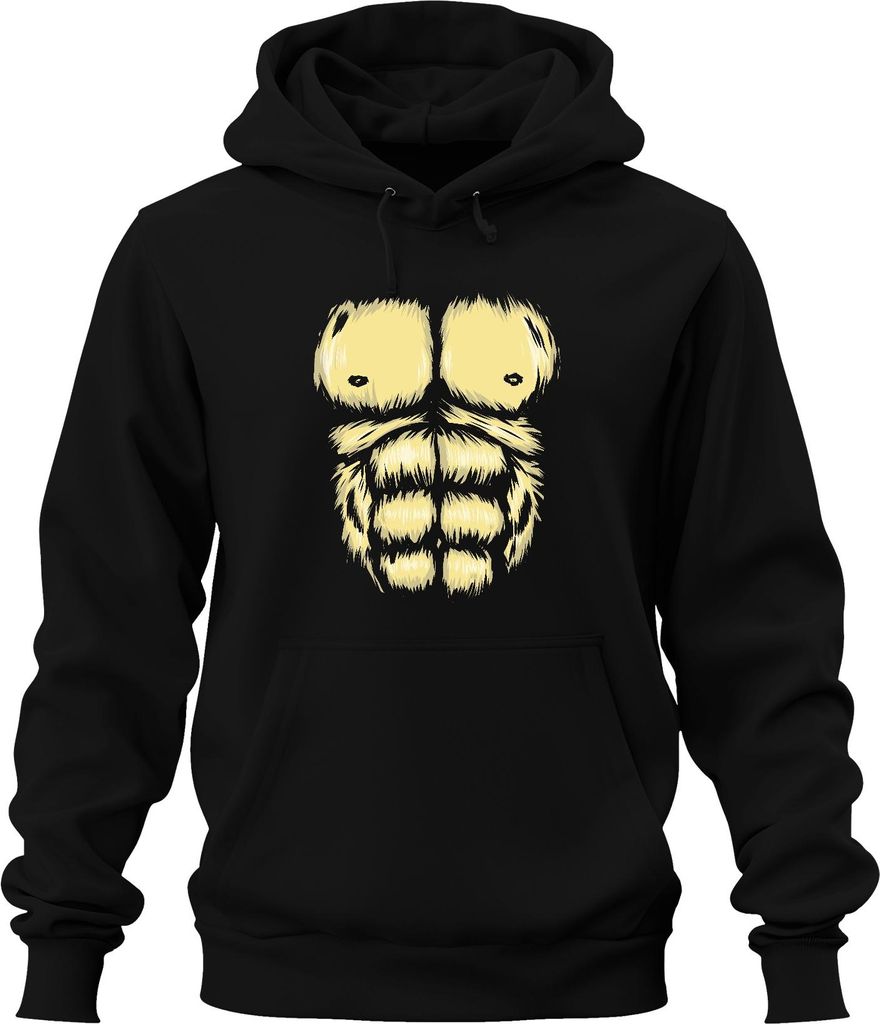 Gorilla Fell Sixpack Brust Muskel Halloween Karneval Kostüm Uni Hoodie Kapuzenpullover, Schwarz, M