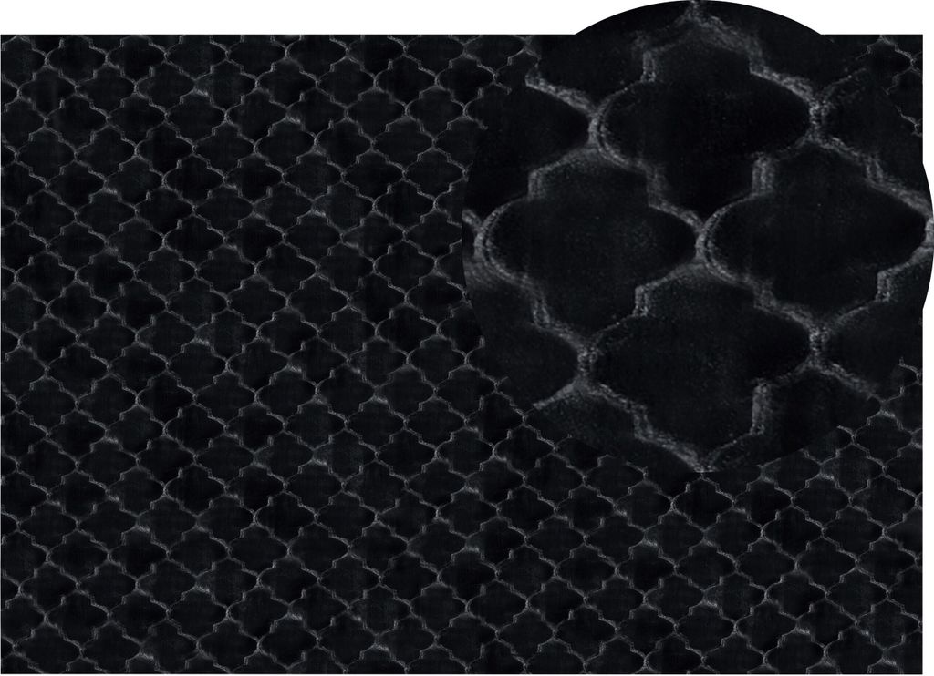A close-up view of a black carpet with a Moroccan-inspired pattern.