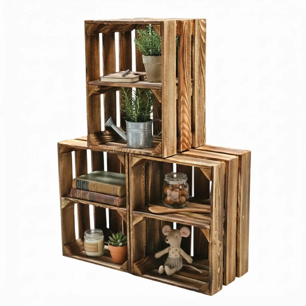 Caisse de rangement bois flammé 40cm - Design rustique avec étagère