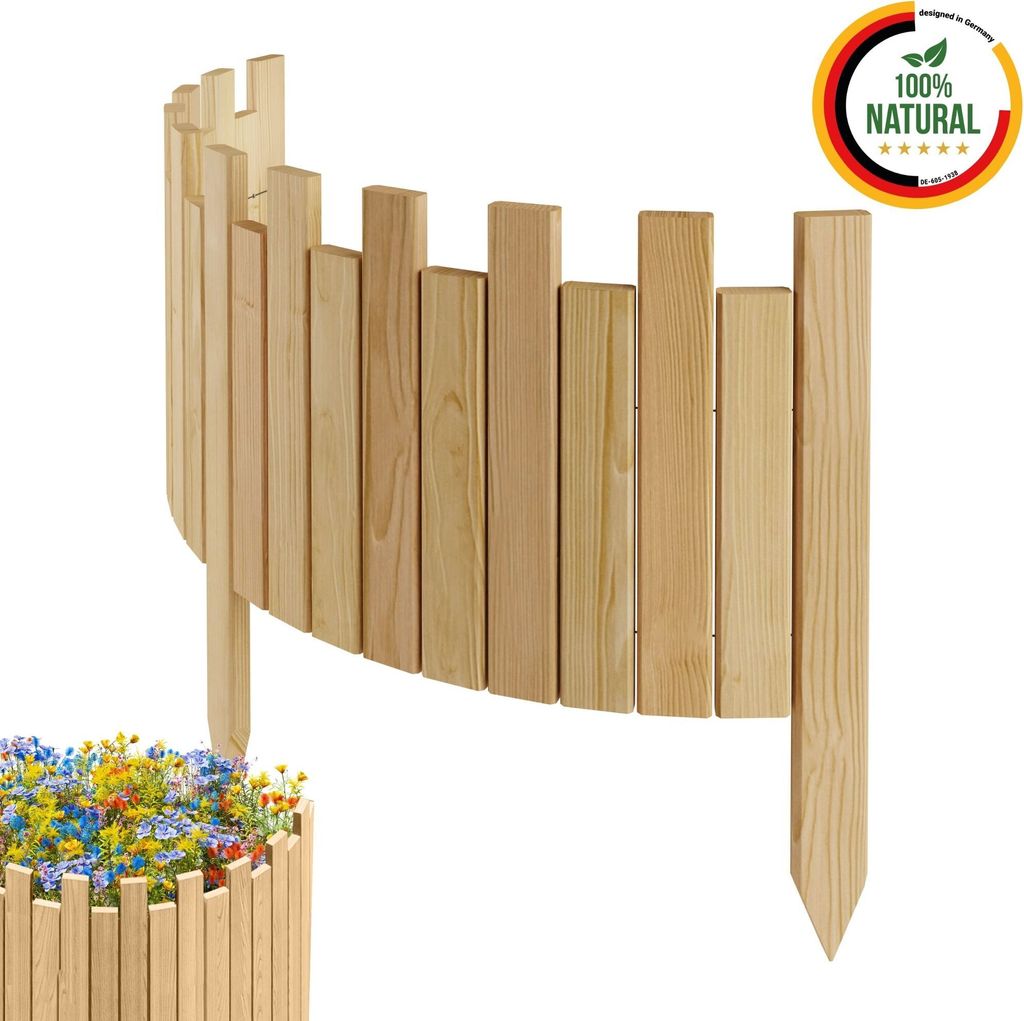 Floranica Beeteinfassung Rasenkante Holz Rollzaun Holzzaun 100 x 30 cm Natur imprägniert Flexible Rollborder Palisade Gartenzaun