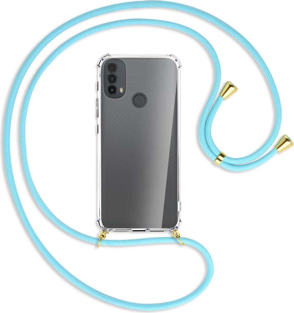 Handykette Backcover-Schutzhülle mit Band (Metall goldfarben) für Motorola Moto E30, Moto E40 - himmelblau