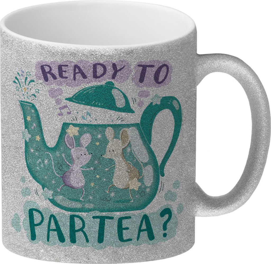 Mäuse in Teekanne Glitzer-Kaffeebecher mit Spruch Ready to Partea