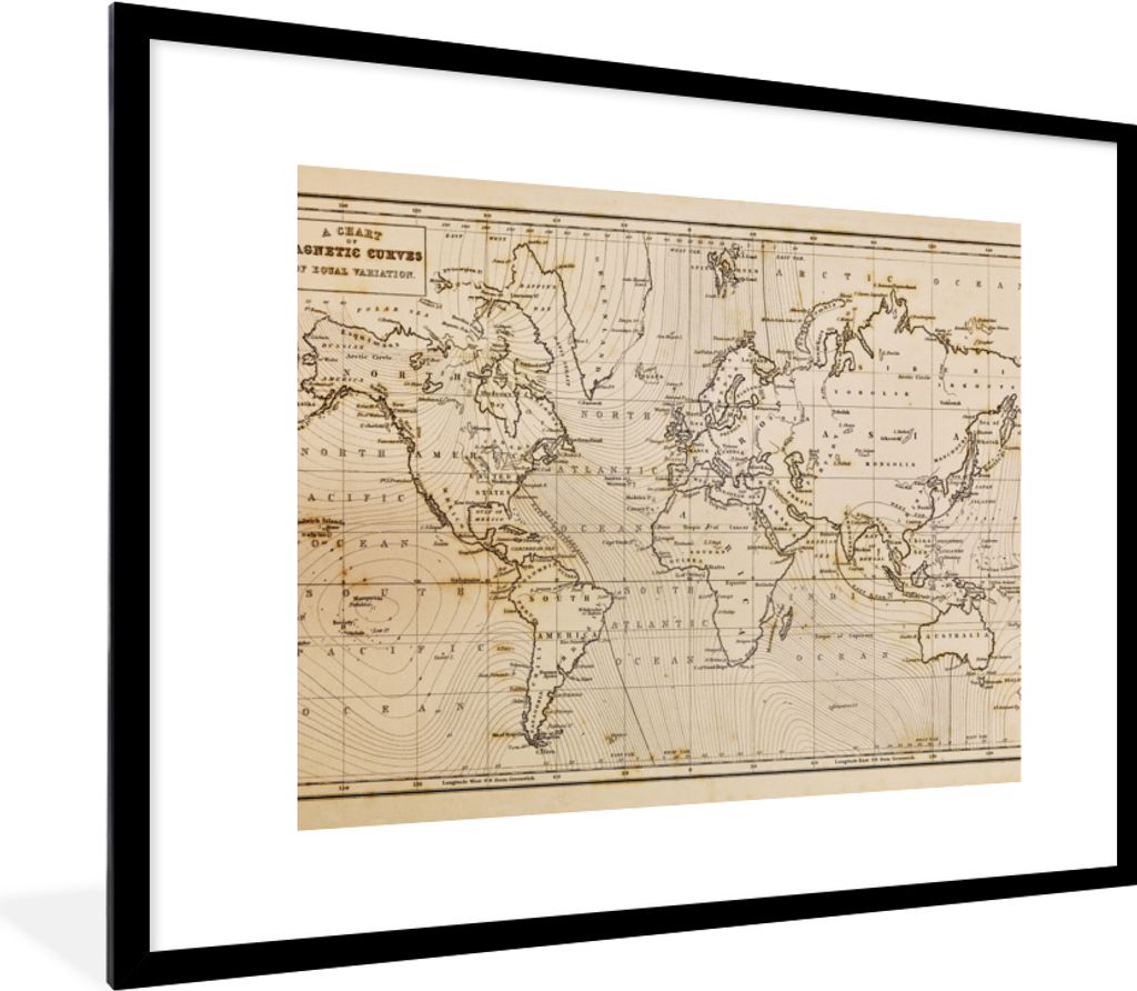 MuchoWow Gerahmtes Poster Weltkarte - Vintage - Braun - Pädagogisch 80x60 cm - Poster mit Schwarzem Bilderrahmen Wandposter Rahmen Foto Bilder -...