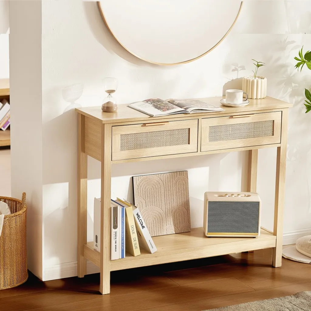 Meuble d'Entrée en Rotin Naturel - Console Design avec Rangement de 100cm