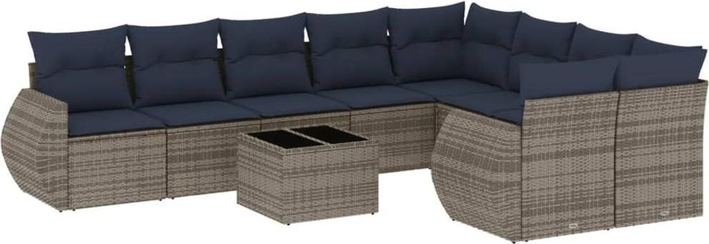 vidaXL 10-teiliges Gartensofa-Set mit Kissen, grau, Polyrattan