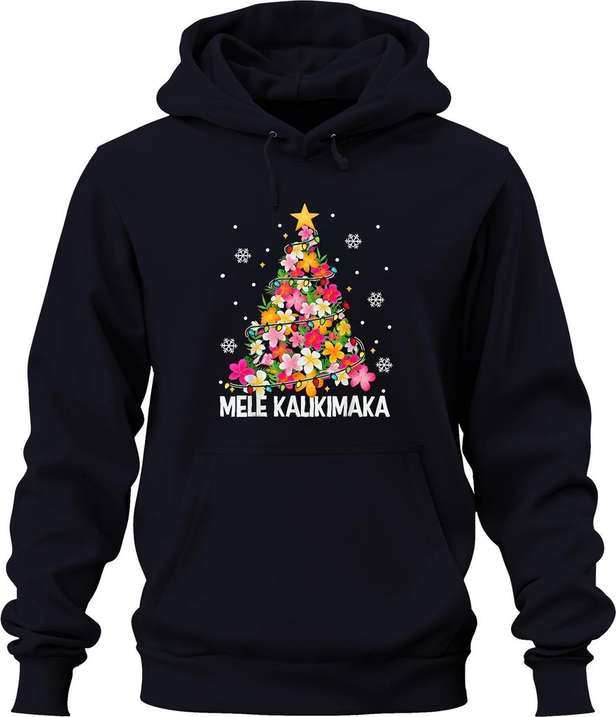 MELE KALIKIMAKA Hawaiian Weihnachten Plumeria Tropisch Strand Uni Hoodie Kapuzenpullover, Navy, L