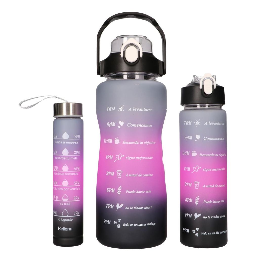 Extralink Motivation Trinkflaschen Set 3 in 1 Rosa-Schwarz 2000 ml + 900 ml + 300 ml