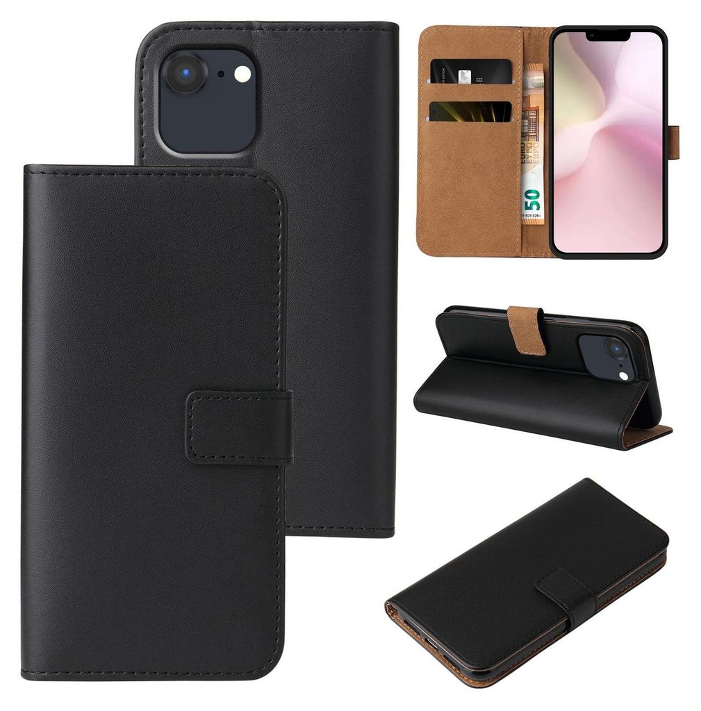 A collage of images showing a black flip phone case for an iPhone, including its interior and different viewing angles.