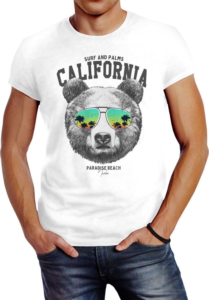 Herren T-Shirt Löwe Bär Sonnenbrille Palmen Summer California Slim Fit Neverless Bear weiß 3XL