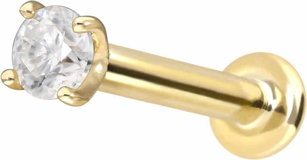Ohrpiercing, Nasenpiercing 14 Karat Gold Labret mit Push Fit MOISSANIT Gold Stablänge: 7mm | Stabstärke: 1,2mm | Kristallgröße: 2,5mm