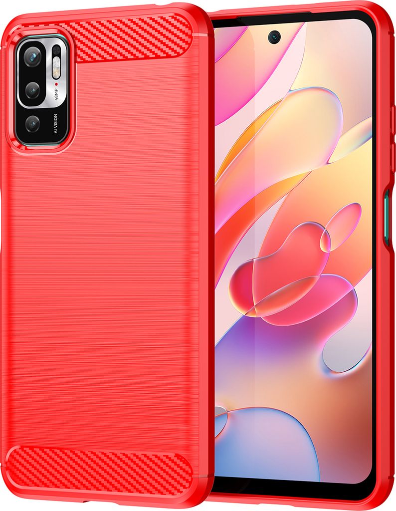 Xiaomi Poco M3 Pro 5G Hülle, Carbon-Faser TPU Silikon Stoßfest Schutzhülle für Xiaomi Poco M3 Pro 5G Rot