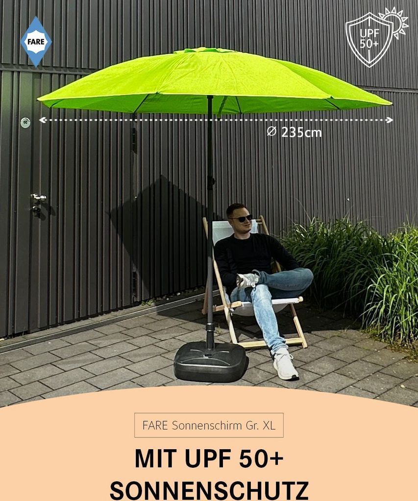 FARE Sonnenschirm XL Höhenverstellbar Knickvorrichtung Lichtschutzfaktor UPF 50+ 235cm, Farbe:Grasgrün