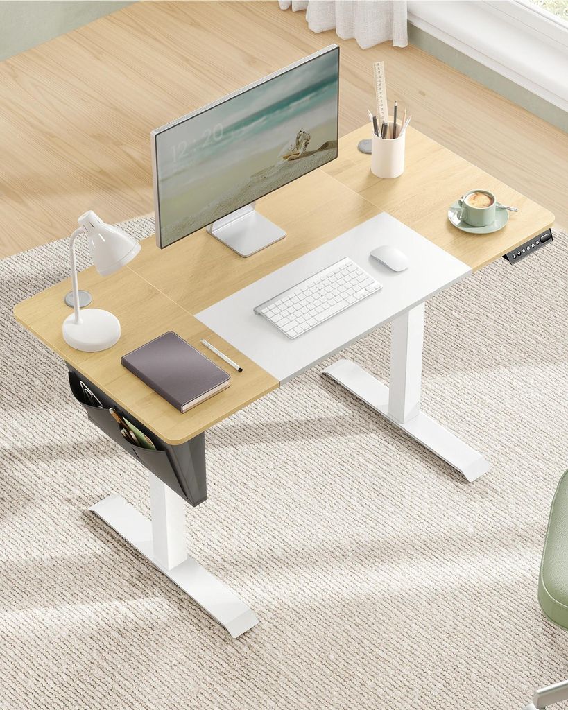 Höhenverstellbarer Schreibtisch - Elektrisch - 120/140/160 cm - MDF-Platte & Metallgestell - Mit Stoff-Organizer - Sitz-Steh - Hellgrau