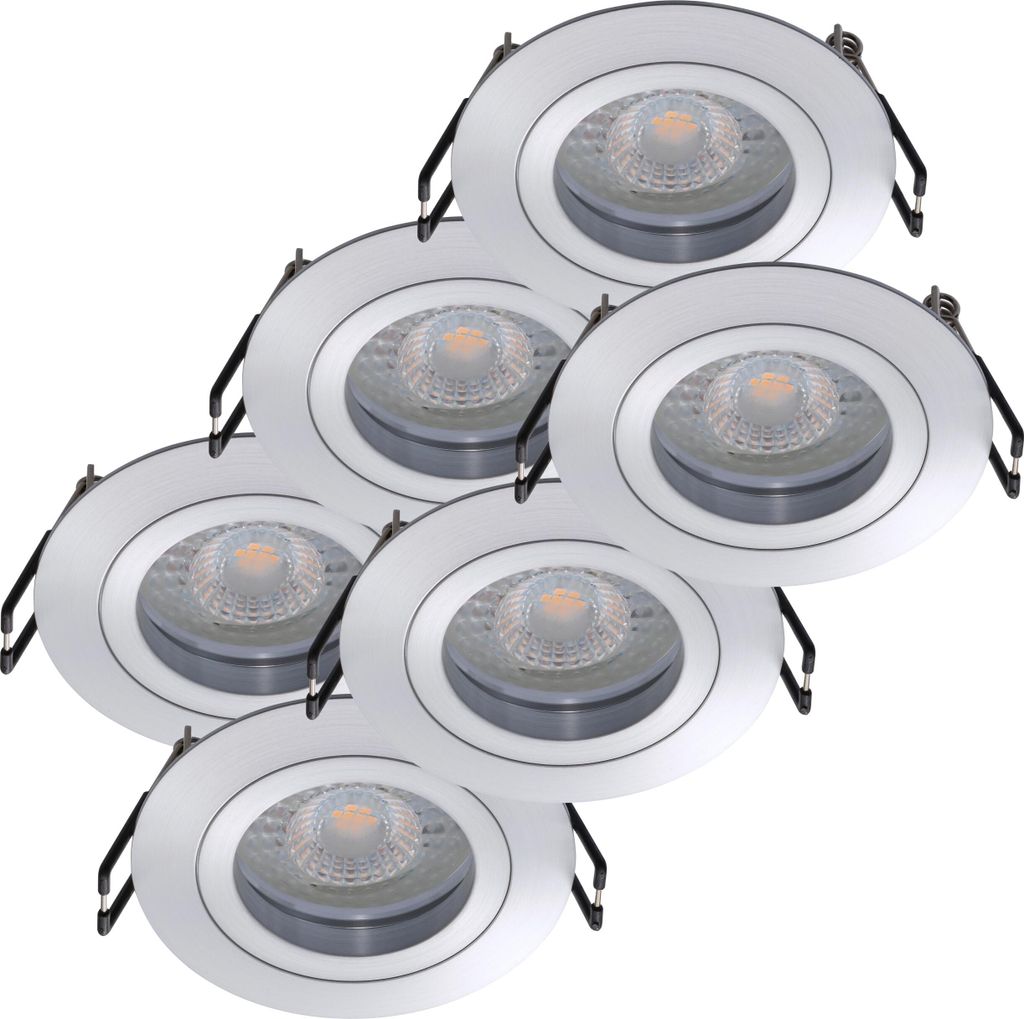 6er Set Oktaplex Einbaustrahler dimmbar rund Alu inkl. LED Modul 3.000K warmweiß - Deckenspot Aluminium gebürstet