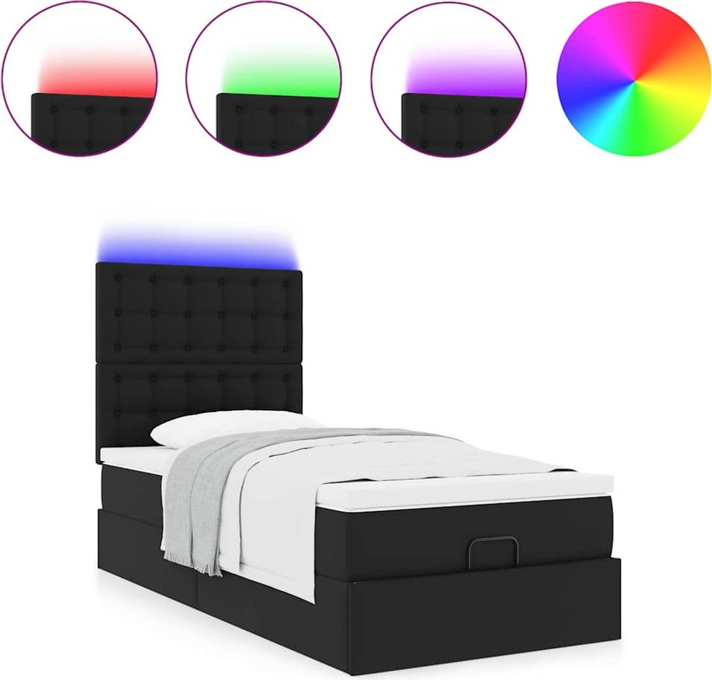 Ottoman-Bett mit Matratze & LEDs Schwarz 90x200 cm Kunstleder