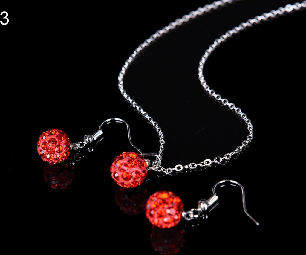 Lady Fashion Strass Anhänger Halskette Haken Ohrring Bankett Party Schmuck Set-Rot