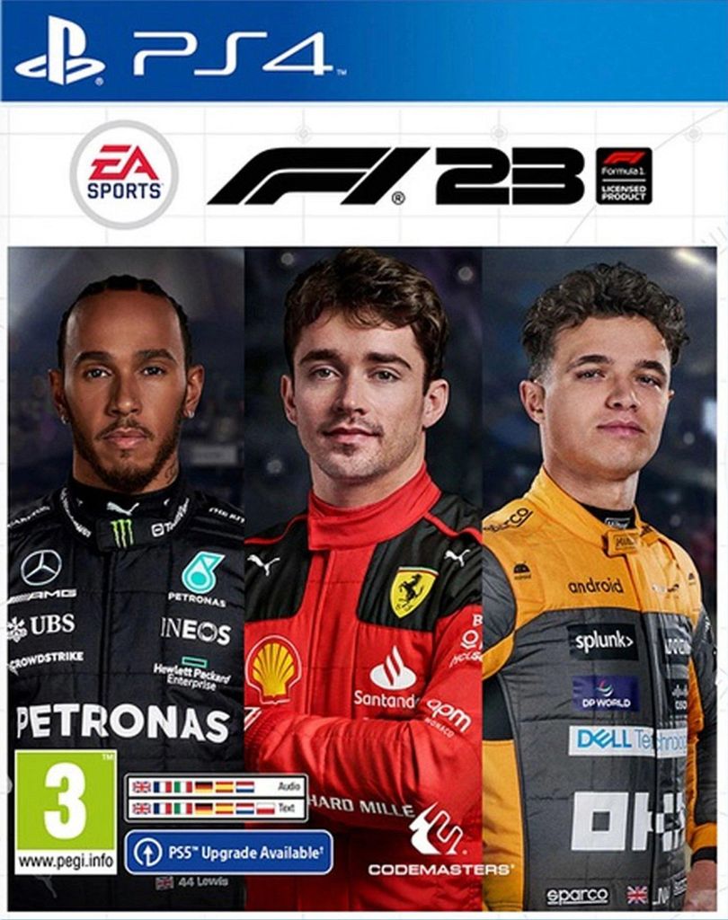 Cover art for the F1 23 video game for PlayStation 4, featuring three Formula 1 drivers.