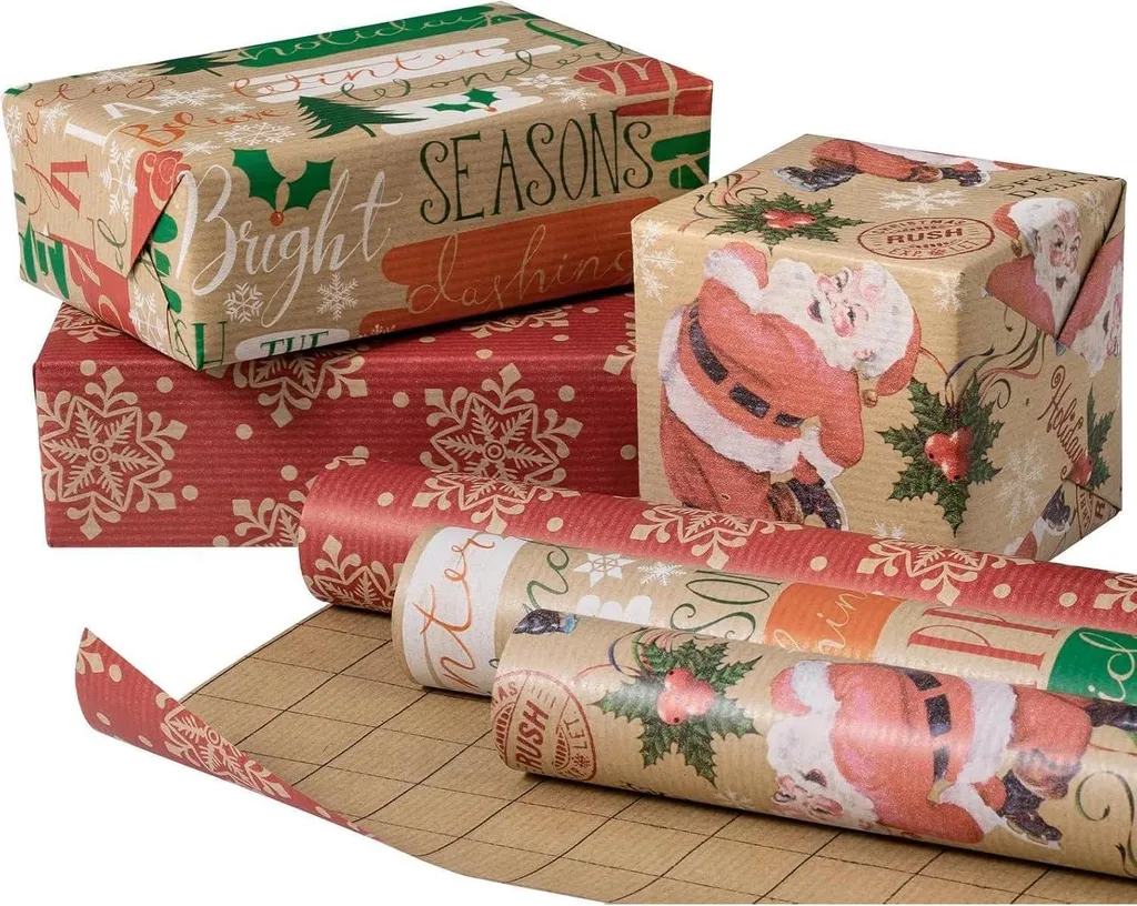 Papier Cadeau Noël Kraft Anti-Déchirure 3 Rouleaux 43,2 cm Design Hiver
