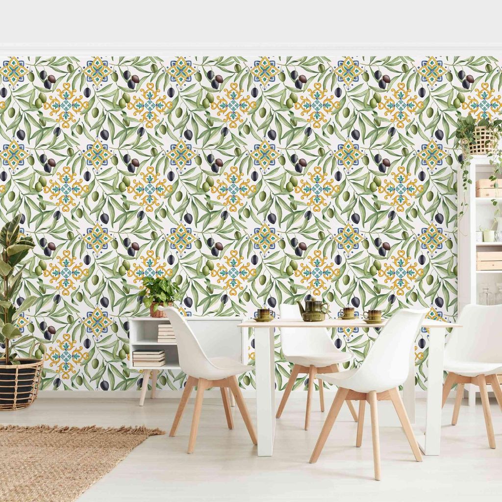 Fototapete Muster - Vliestapete - Bildtapete UV-beständig Pflanzen grün Aquarell Wandtapete geruchsfrei