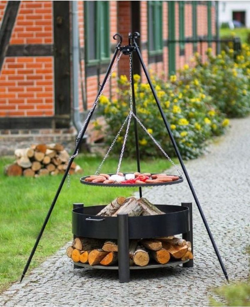 Dreibeiniger Grillrost + Feuerschale mit Holzablage SOLAFA aus Stahl COOK KING Maße Grillrost: Ø 70 cm, Maße Feuerschale: Ø 70 cm,
