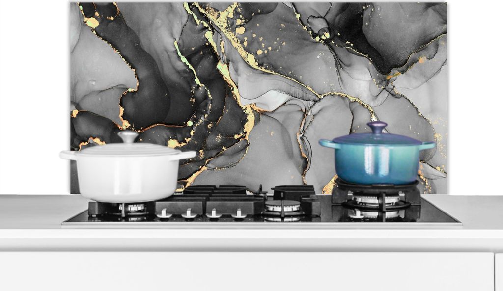 KitchenYeah Spritzschutz Küche - Küchenrückwand - Wandschutz für Herd und Spüle - Marmor - Schwarz - Gold - Grau 100x50 - Alu-Dibond (Altern...